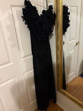 Xscape Black Maxi Dress with Ruffle V-Detail